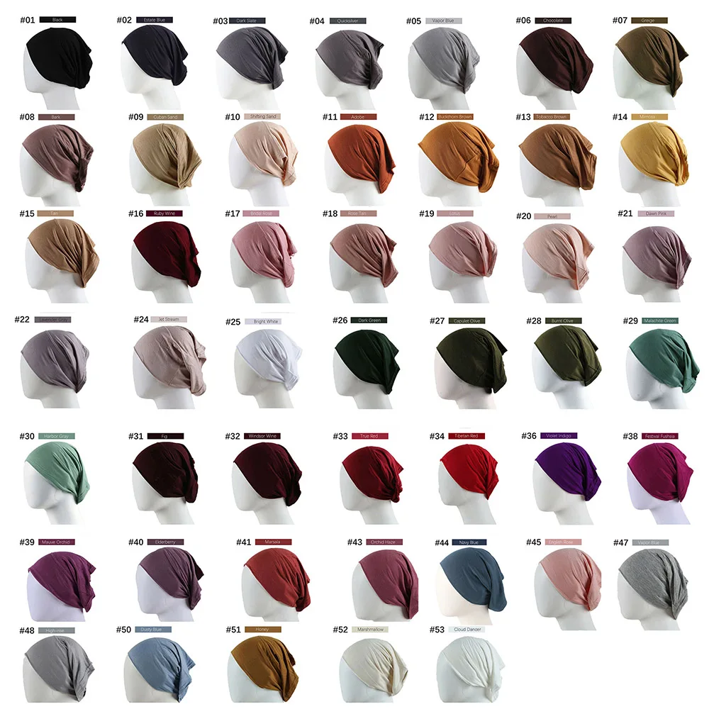 

wholesale Inner Undercap 50pcs Hijab Cap Muslim Turban Underscarf Undercap Bonnet 53 Color Soft Jersey Stretch HIjabs Tube Cap