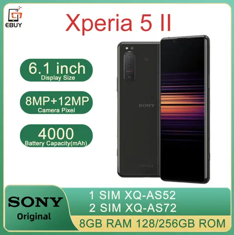 Original Sony Xperia 5 II 5II XQ-AS52 XQ-AS72 5G Mobile Phone 8GB RAM 128GB/256GB ROM 12MP+8MP 6.1" Octa Core Android SmartPhone