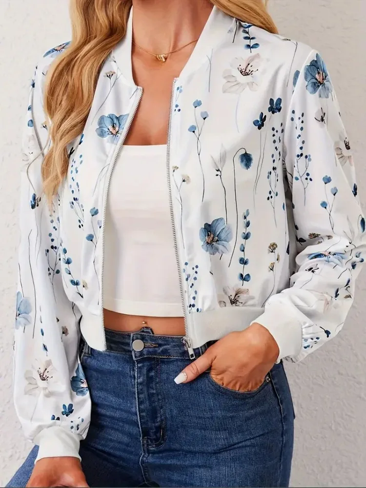 New in Jackets Women\'s Tops 2024 Autumn Fashion Casual Elegant Iightweight Short Bomber Jacket Modern Zipper Floral Print Coats