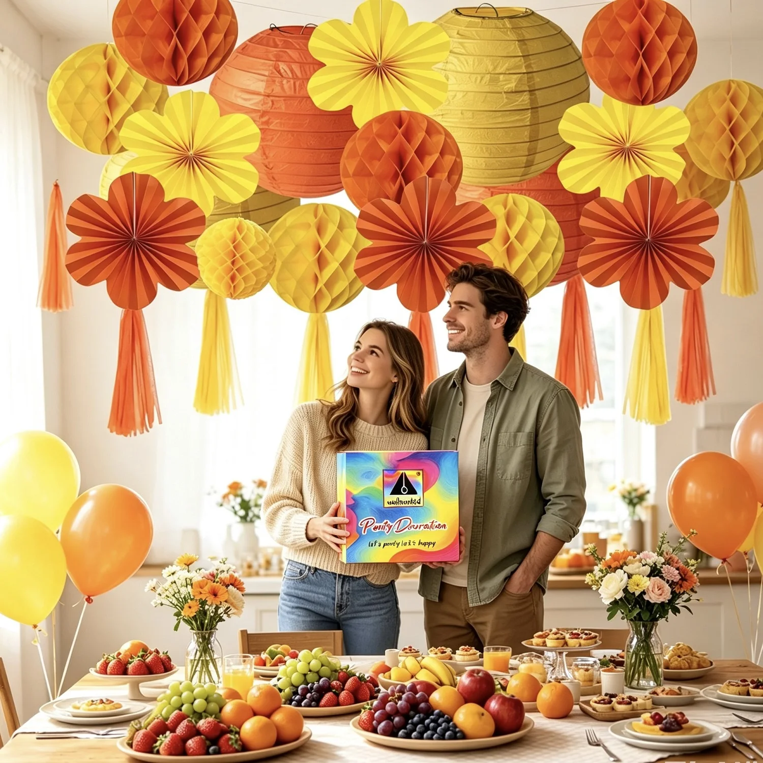 56PCS Yellow Orange Paper Honeycomb Flower Fan Tassels Lantern Set for Thanksgiving Halloween Mother's Day Party Decorations