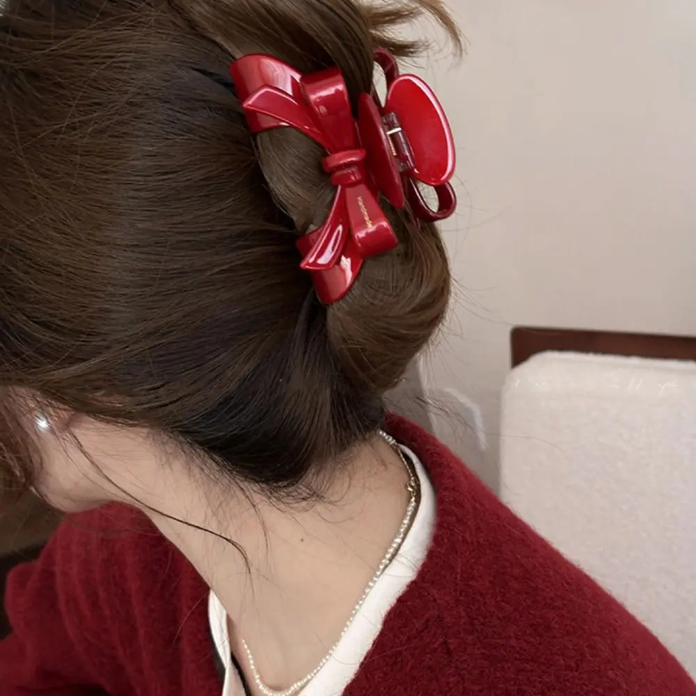 Fashion Acetate Acetic Acid Bow Hair Claw Bownot Letter Red Hair Clip New Year Red Cute Hairpin Bownot Grab Clip Daily