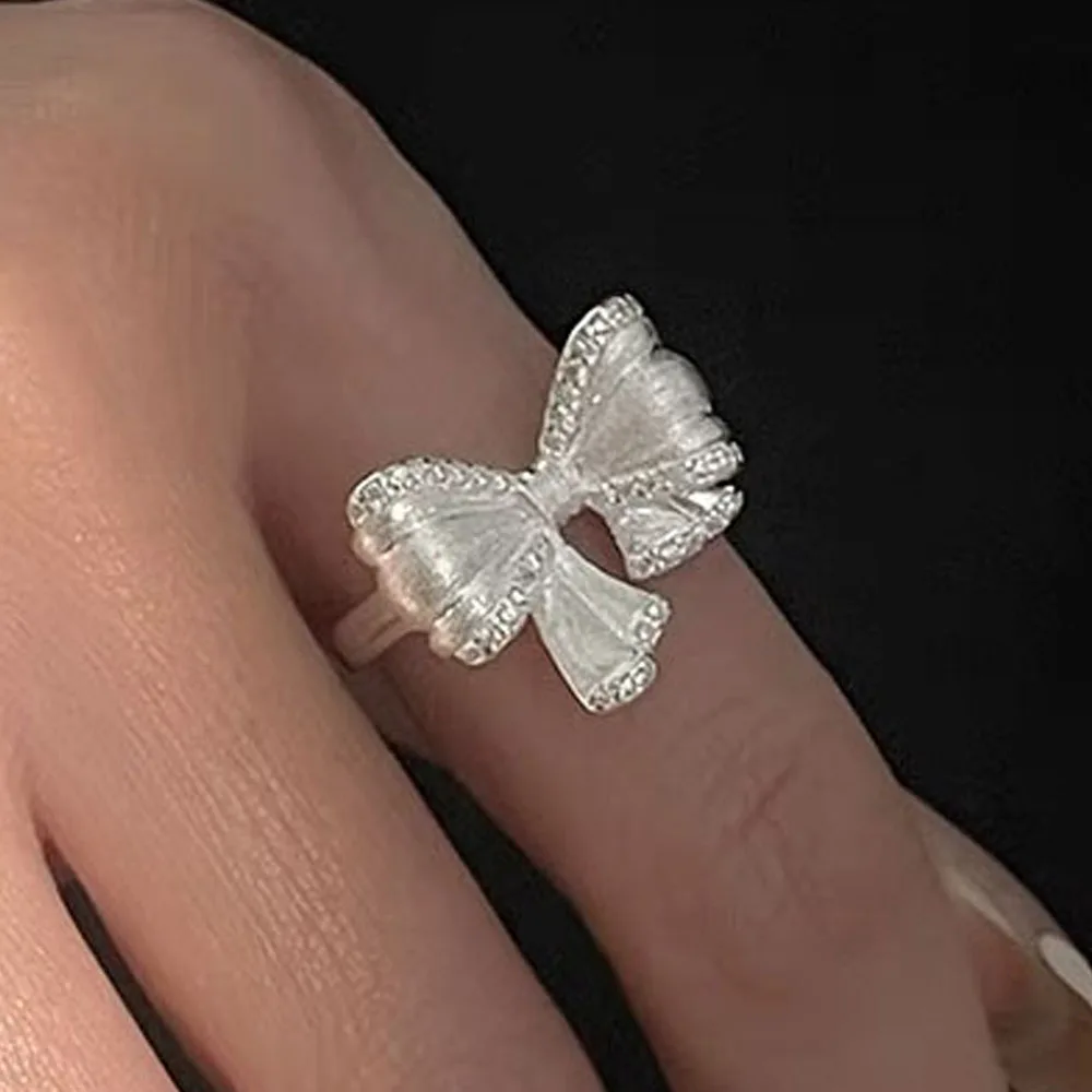 

925 Sterling Silver Rings For Women Vintage Handmade Adjustable Finger Shinning Bow Ring Fashion Band Female Bijoux Gift