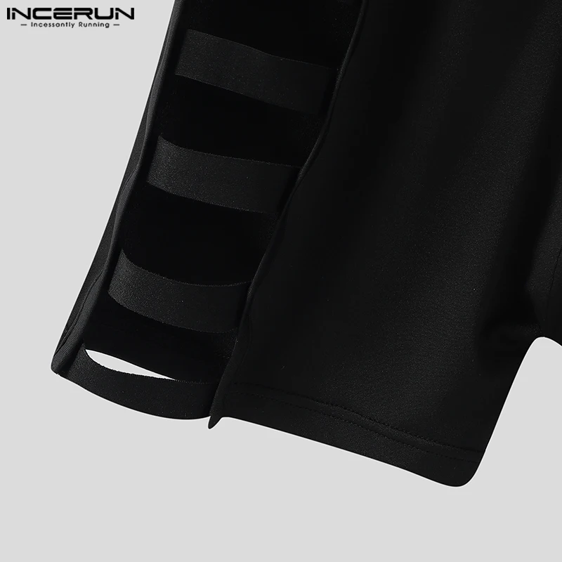 INCERUN 여름 남성 바디 슈트 솔리드 컬러 속이 빈 섹시한 오 넥 Playsuits 반팔 남성 Rompers 2025 지퍼 바디 슈트 남성