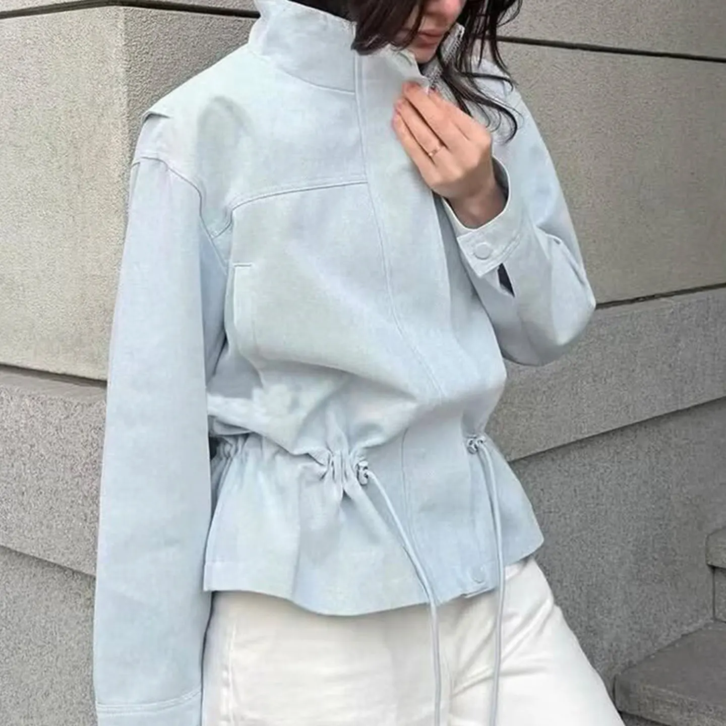 Fashionable Long Sleeve Waist Cord Stand Collar Jacket Women's Spring Summer New Arrival Four Colors Casual Style Short Coat