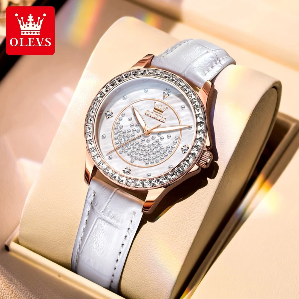 

OLEVS brand white Leather strap women watch genuine Diamond dial luminous oiginal quartz watch for lady fashion beautiful watch