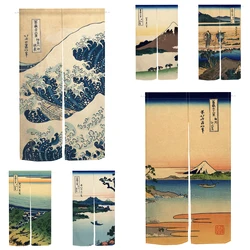 Japanese Kanagawa Ukiyo-e Door Curtain Waves Mount Fuji Scenery Kitchen Living Room Beauty Partition Entrance Linen Half Curtain