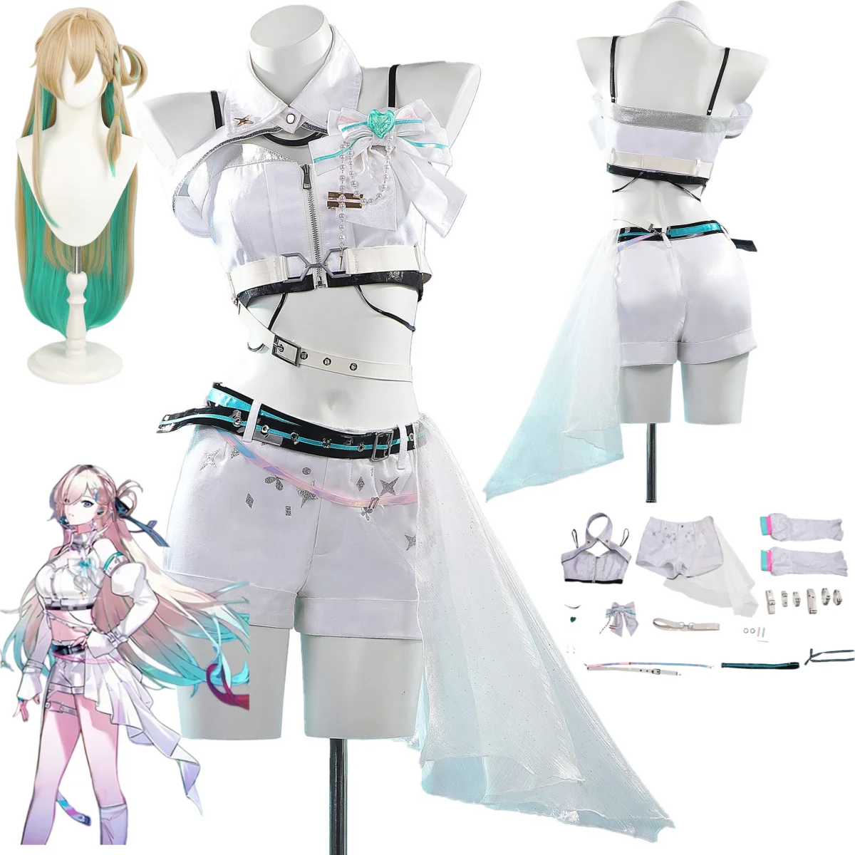 Disfraz de cosplay de Lynae de la serie Wuthering Waves, uniforme del grupo Solar5, camiseta blanca, pantalones cortos, accesorios, peluca, traje sexy para fiestas de carnaval.
