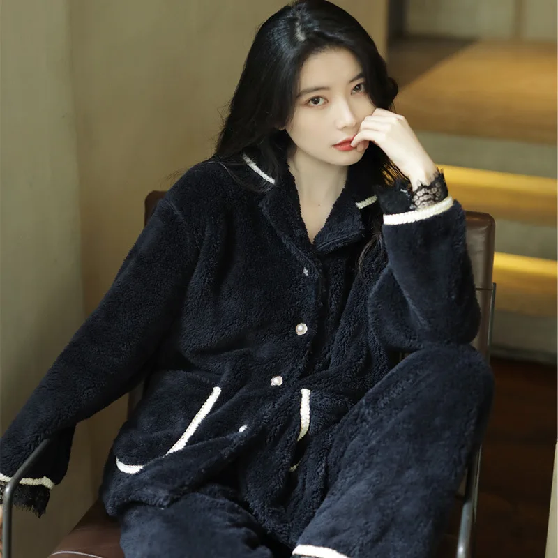 

Two Pieces Set Female Flannel Pajamas Autumn Winter Sleepwear Long Sleeve Elastic Waist Nightgown Loose Thicken Home Wear