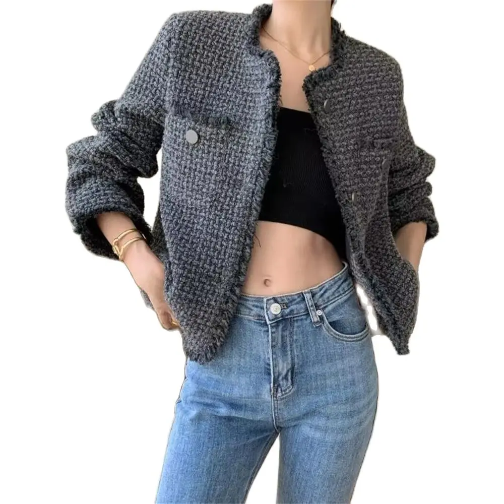 Gray 2024 Autumn Coats European and American Small Fragrance outerwear Women Spring jackets Raw Edge tops Clothing