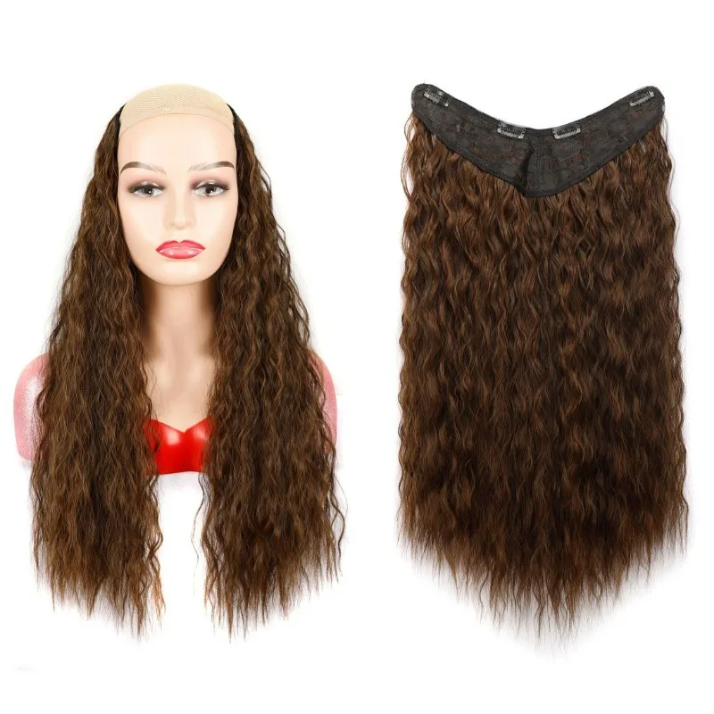 60cm Long Thick Synthetic Hair Wavy Black Brown Clip-in Hair Extensions One-piece Wig Clip Hair Extensions for Women