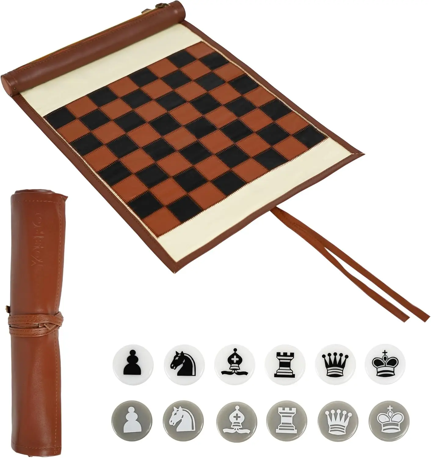 

Travel Chess & Checkers Set, 2-in-1 Roll-Up Board Game with Leather, Portable for Kids & Adults, Indoor Outdoor Fun