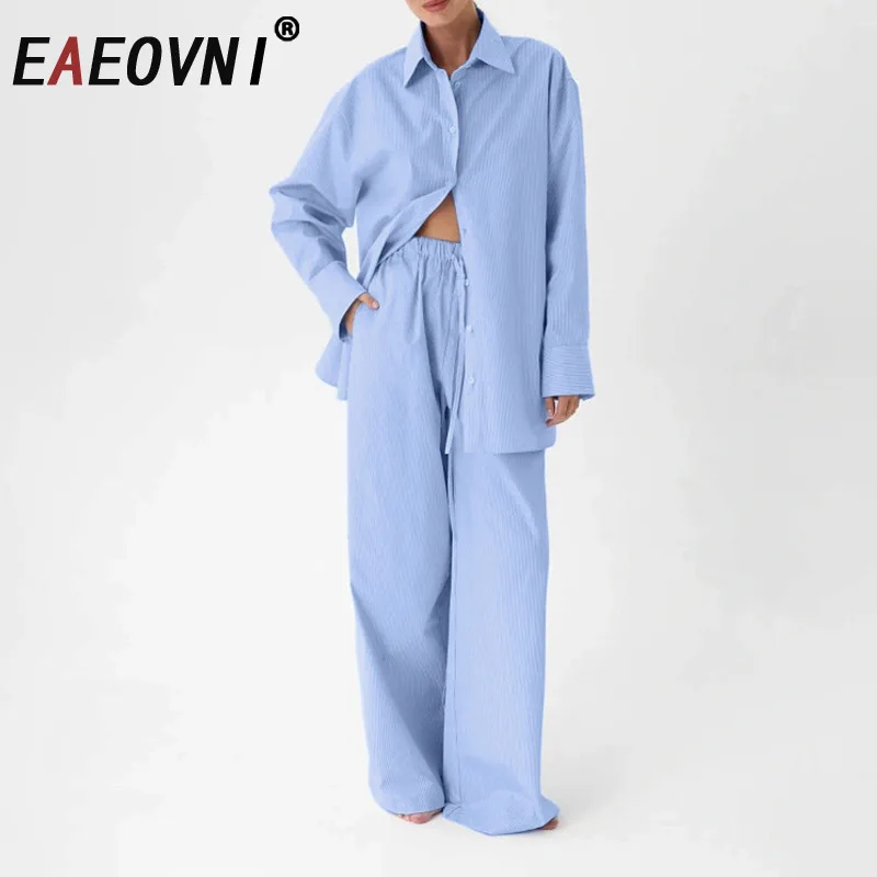 

EAEOVNI Повседневный комплект из двух предметов в синюю полоску, женская повседневная блузка с лацканами и пуговицами, рубашка + длинные брюки, модная осенняя новая одежда 2025 г.