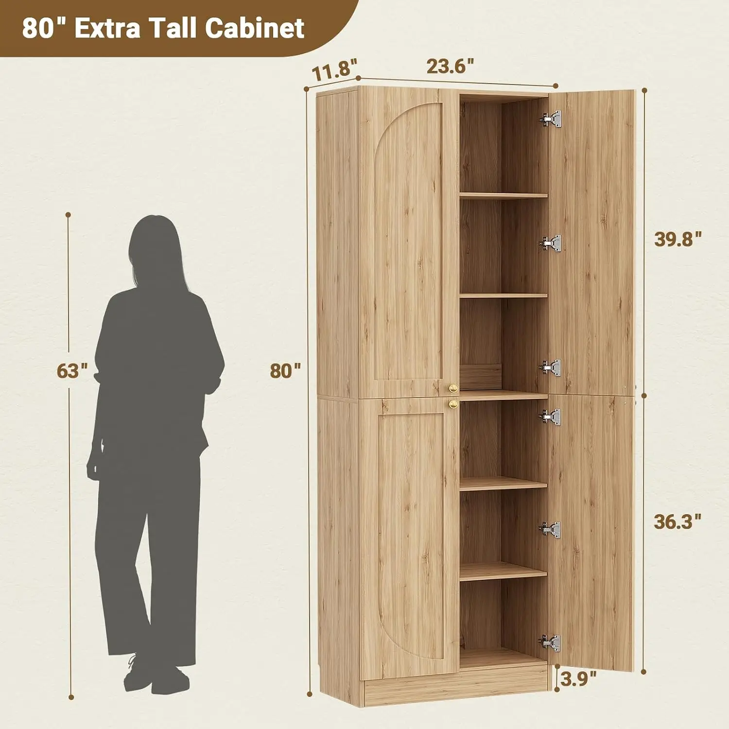 80 Inch Tall Arched Storage Bookcase Cabinet with 4 Soft‑Close Doors, Freestanding Display & Storage Cabinet for Living Room Home Office