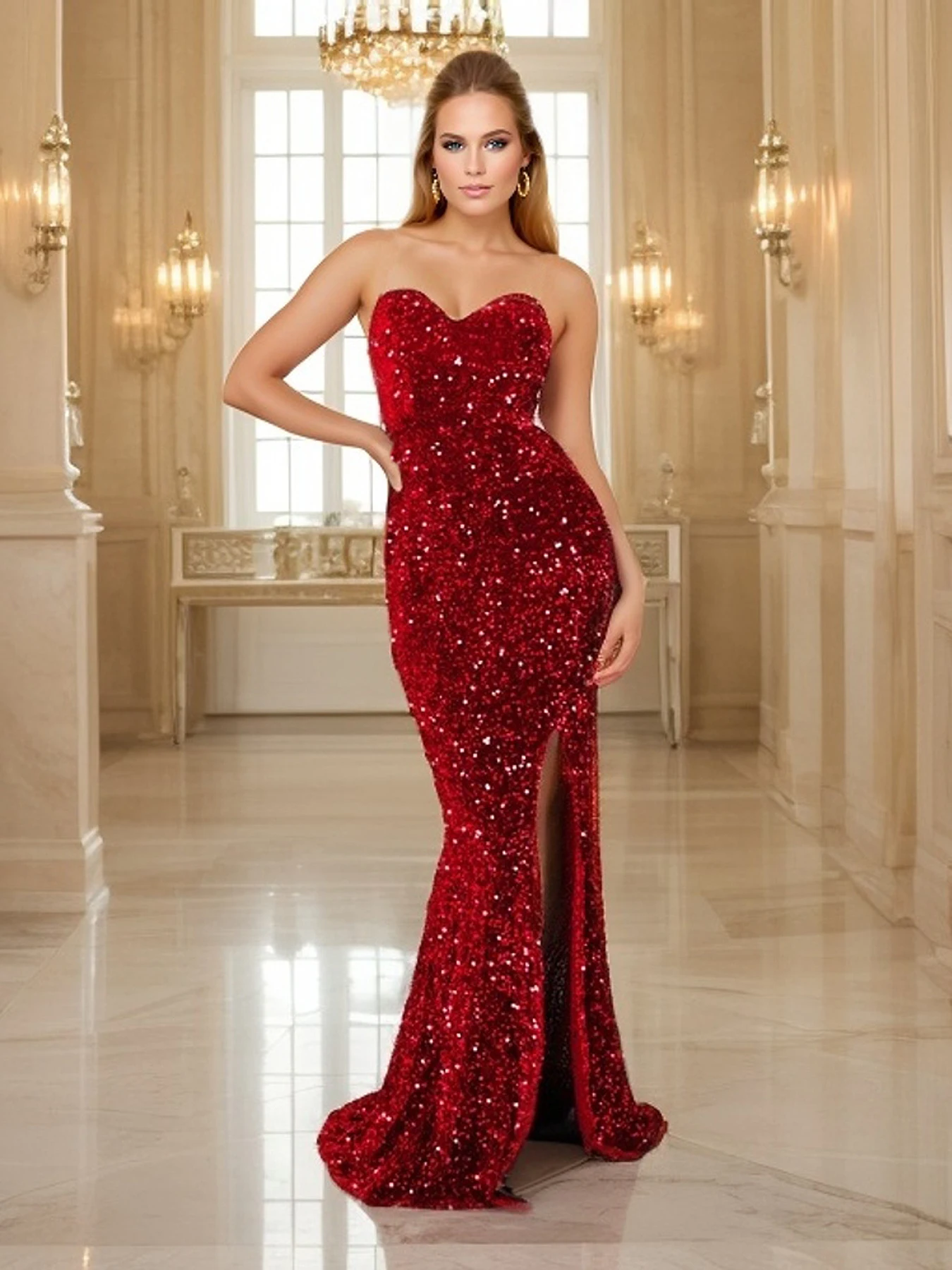 Rommagic rosso paillettes senza spalline abiti da ballo Cocktail velluto elasticizzato Sexy gamba a fessura imbottito Backless sirena abito da sera