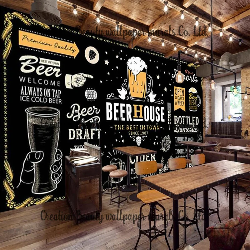 

Custom Retro Black Background Hand Painted Beer Theme Club Mural Wall Paper Bar KTV Industrial Decor 3D Wallpaper Papel Tapiz