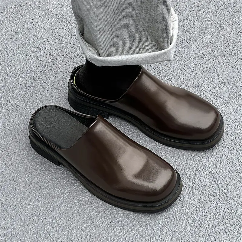 2025 Men's Thick-soled Height Increase Outdoor Half-drag Square Head One-pedal Leather Commuter Casual Slippers Derby Shoes