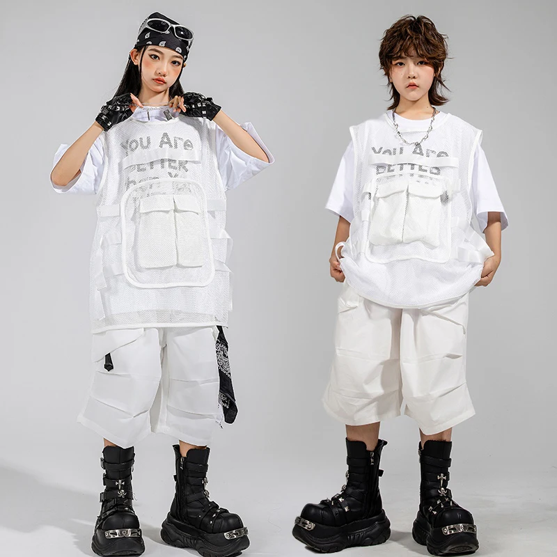 

Jazz Outfit White Hip Hop Dance Costume Children Fashion Performance Suit Oversize Top Shorts Cool Street Dance Wear VBH1869