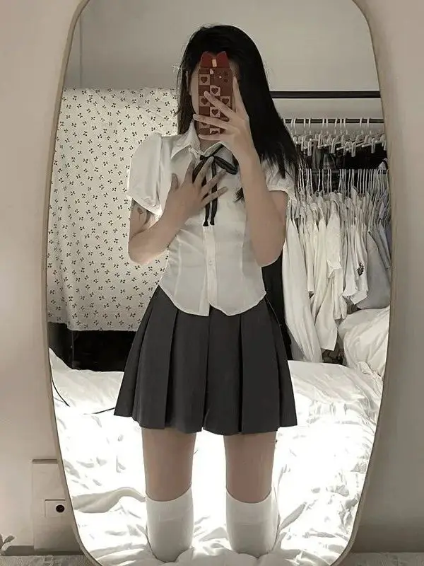 Slimming Effect Bubble Short Sleeve Shirt Bow Tie Waist Design College Style Fashionable White Shirt for Young Women