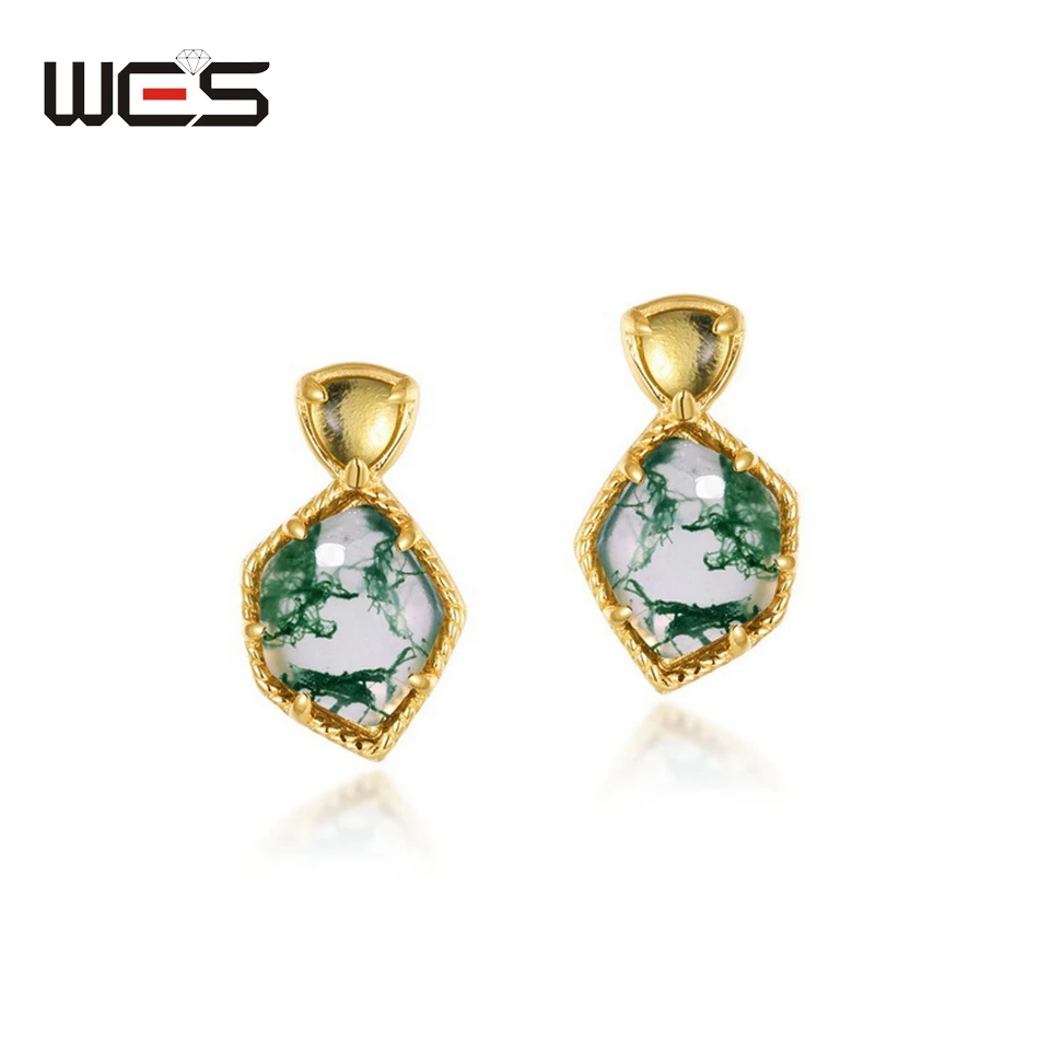 

WES 925 Sterling Silver Natural 5*7mm Moss Agate Stud Earrings For Woman Wedding Valentine Anniversary Gifts Certified Jewelry