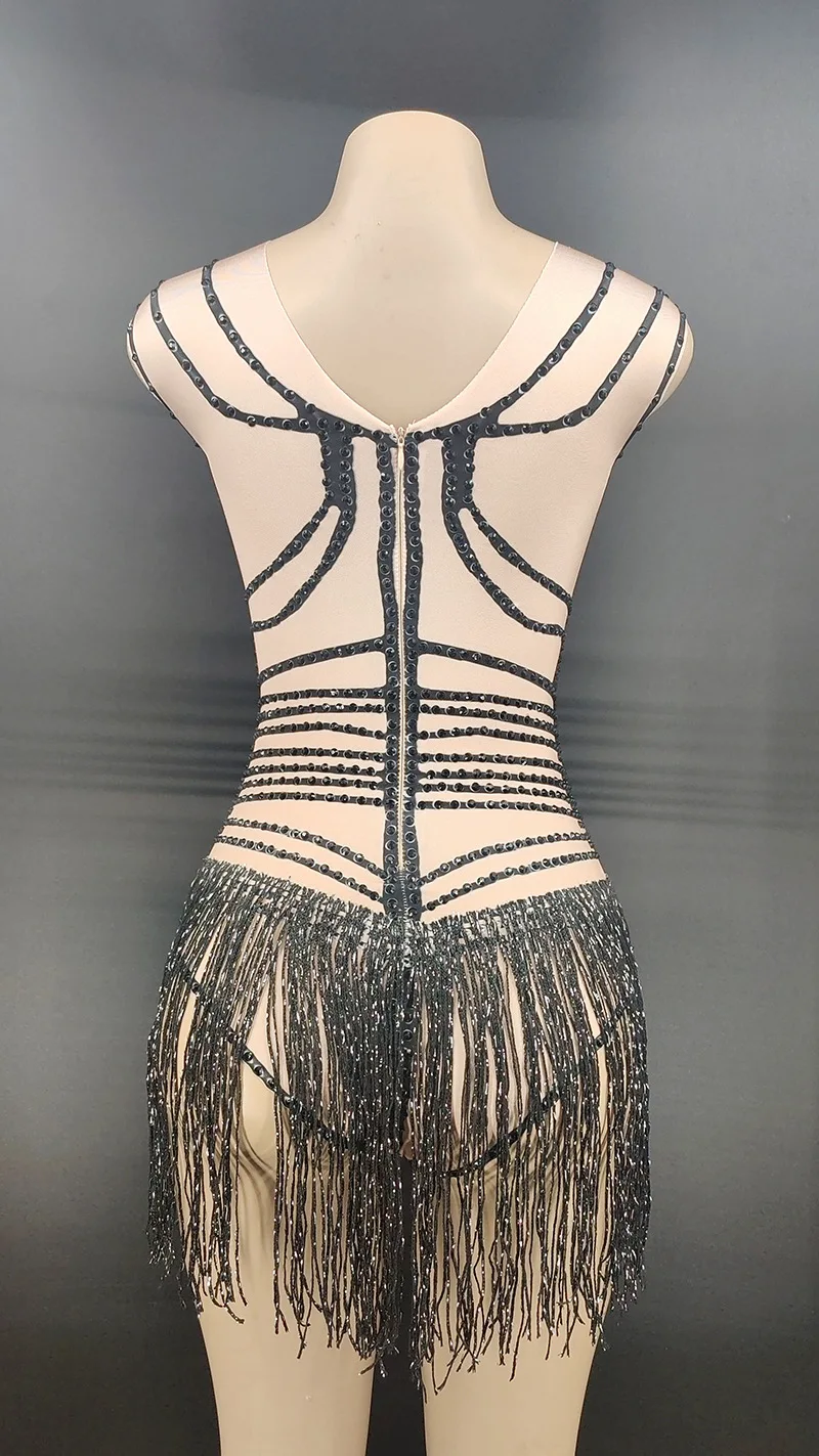 Op Maat Gemaakte Nieuwe Kwastjes Mesh Kant Kwastjes Hoge Elastische Korte Mouw Pailletten Sexytight Jumpsuit Party Dress Stage Performance