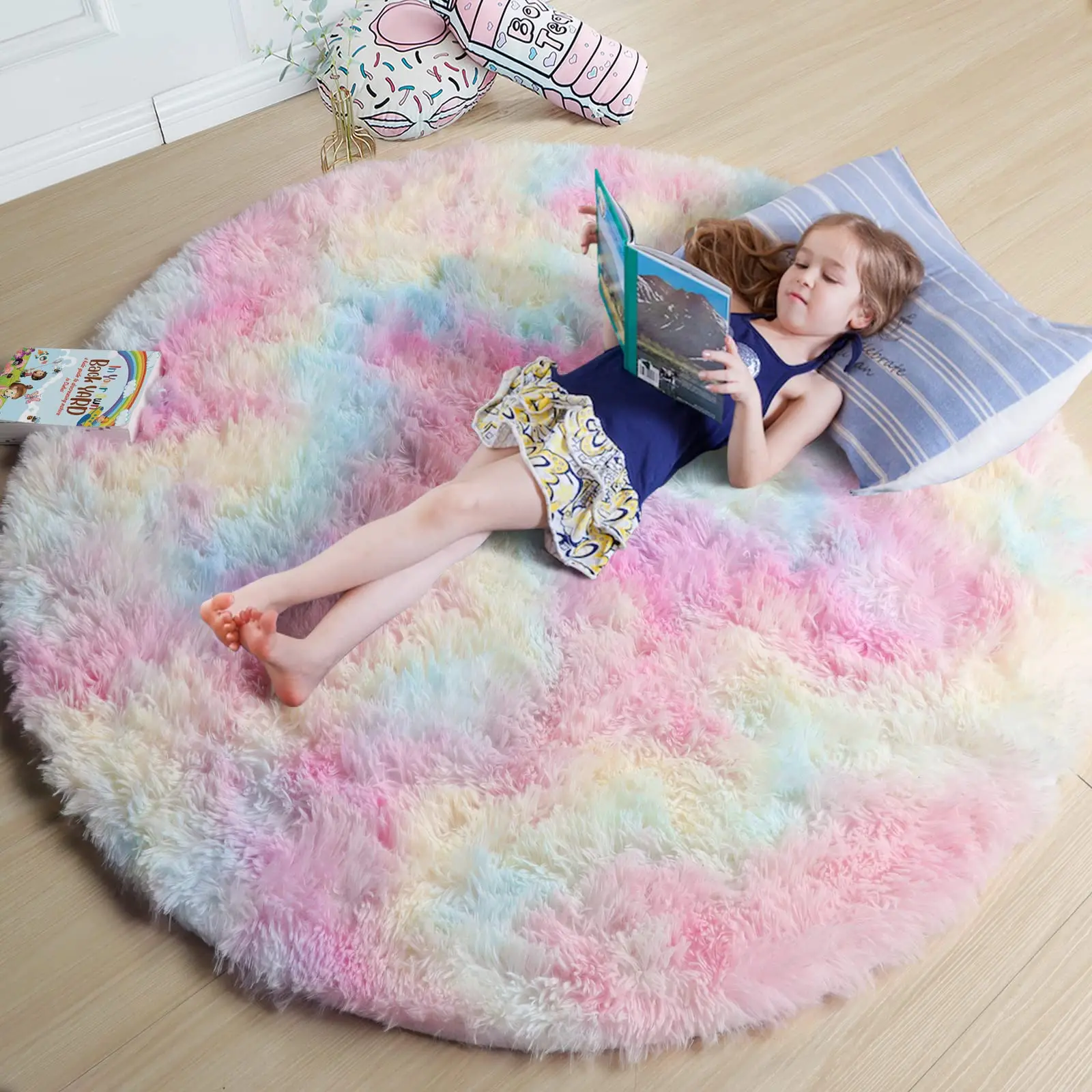 vikama Regenbogenfarbener, flauschiger runder Teppich für Mädchen, Schlafzimmer, Heimdekoration, bunter Pastell-Shag-Kreis, weiche, niedliche, flauschige Teppiche, adrette Wohnheim