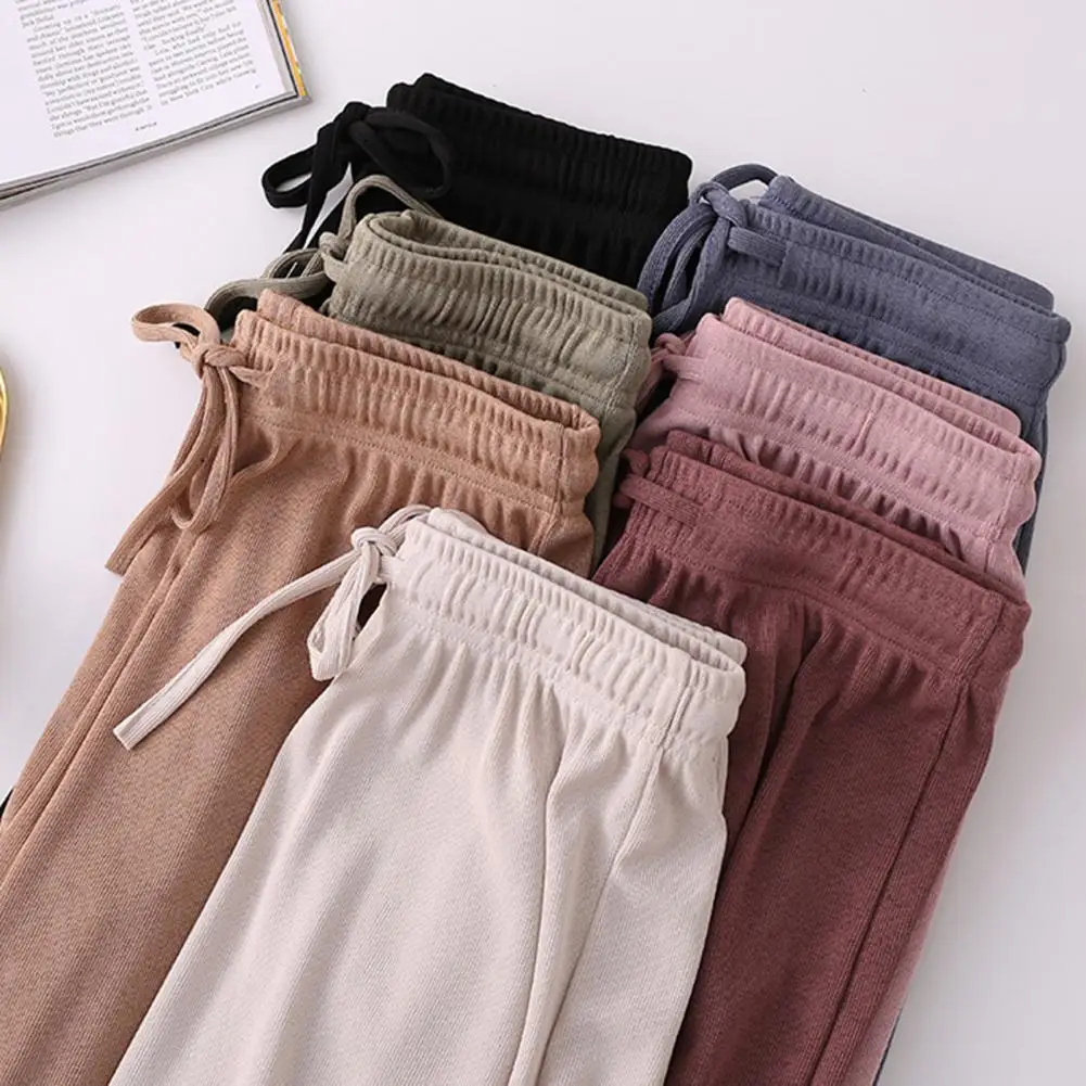 

Women Summer Casual Pants Elastic Drawstring Waist Long Trousers Solid Color Wide Leg Ice Silk Trousers Streetwear