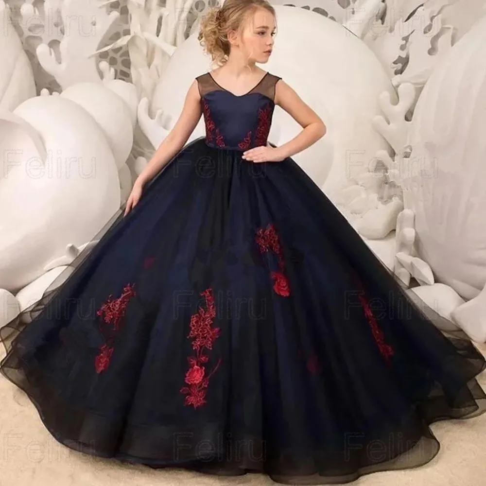 

New Black Ball Gown Toddler Birthday Flower Girl Dress Red AppliquesTeen Wedding Party Dresses Fashion Show First Communion Gown