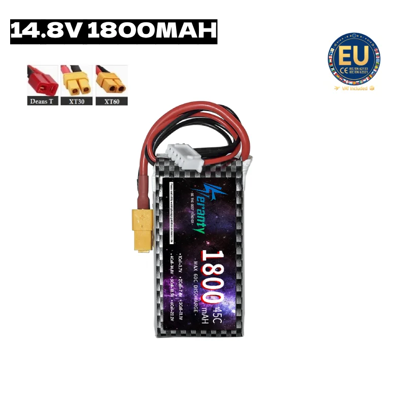 Teranty 4S 14.8V 1800mAh 45C LiPo Battery XT30 DEANS T Plug Mini FPV Tinywhoop Quadcopters RC Micro Aircraft Lithium Battery