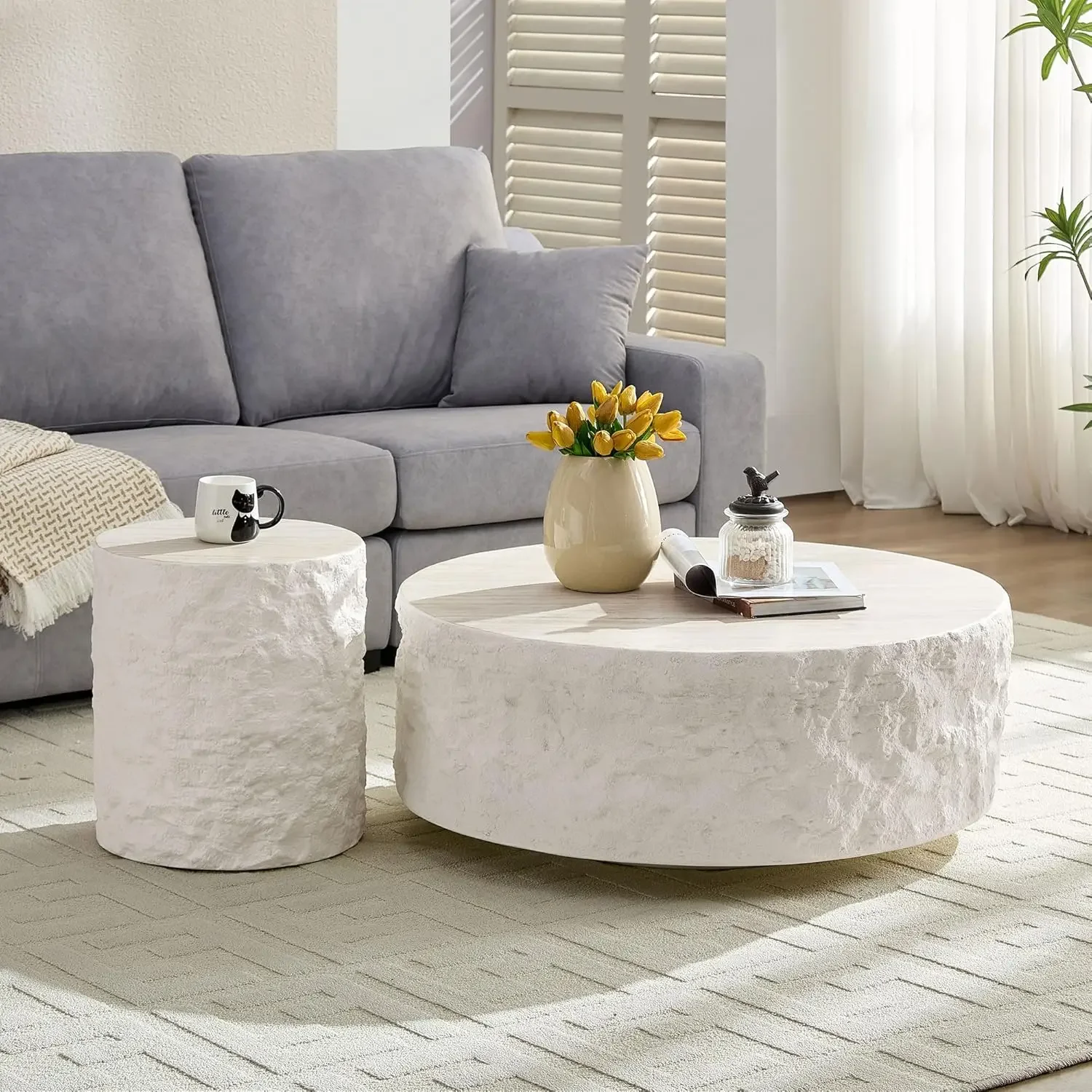 Round Coffee Table for Living Room Cream Cement Stone Pattern Circle Coffee Table Modern Drum Center Table for Apartment