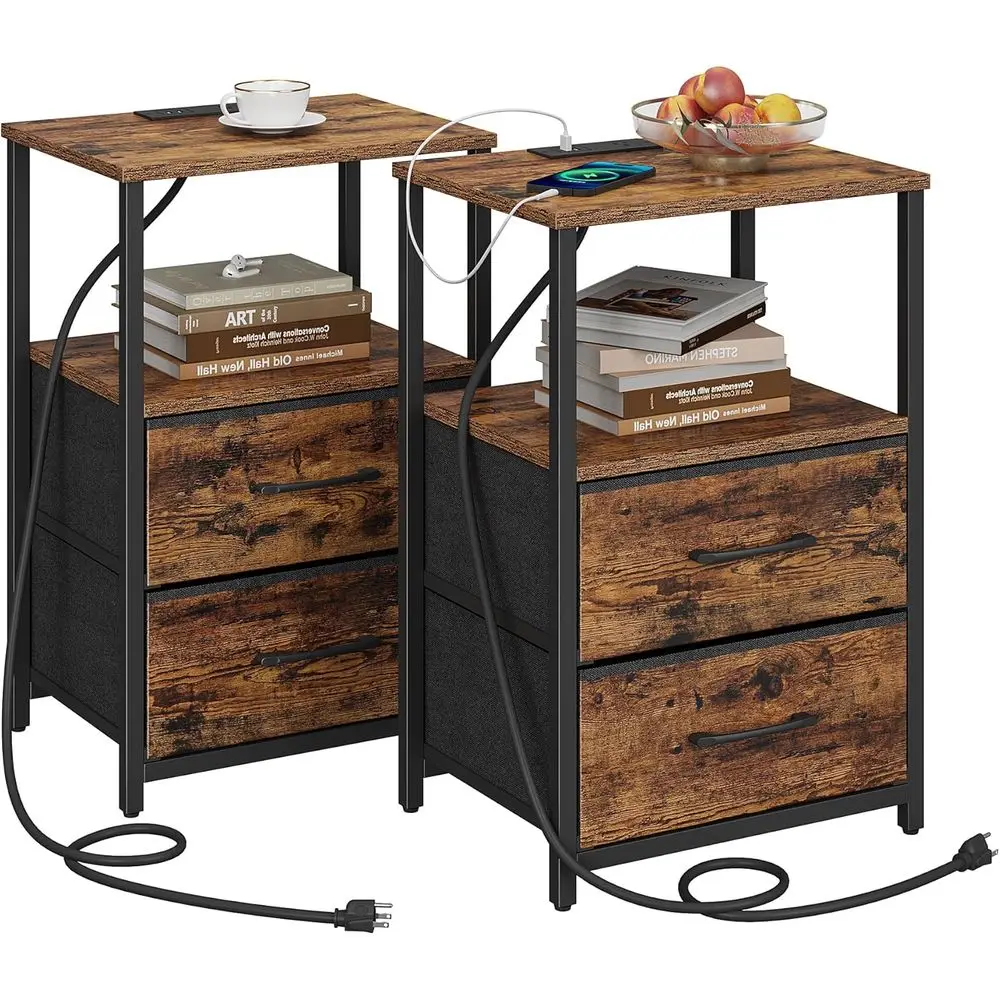 

2-Piece Charging Side Tables with USB Ports & Outlets, Brown Nightstand Set