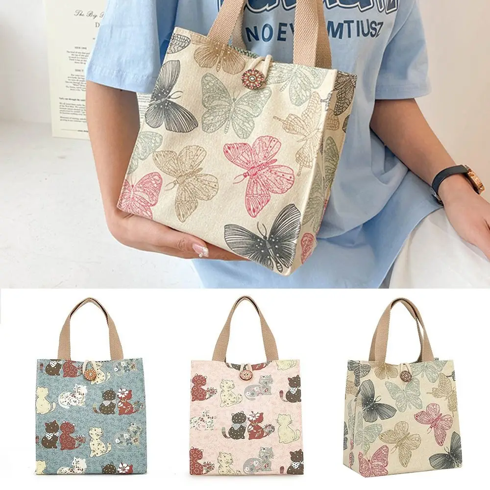 Portable Canvas Lunch Bag Butterfly Print Waterproof Tote Bag Large Capacity Lunch Box Handbag for Women