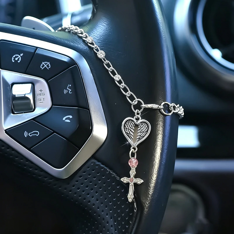 Guardian Angel Heart Shape Wing Cross Steering Wheel Pendant Protective Safety Blessing Portable Hanging Charm Religious Jewelry