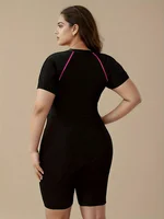 Plus Size Women's Short Sleeve One Piece Swimsuit Contrast Pink Stitching Zip Front Tummy Control Surfing Bathing Suit - Image 3