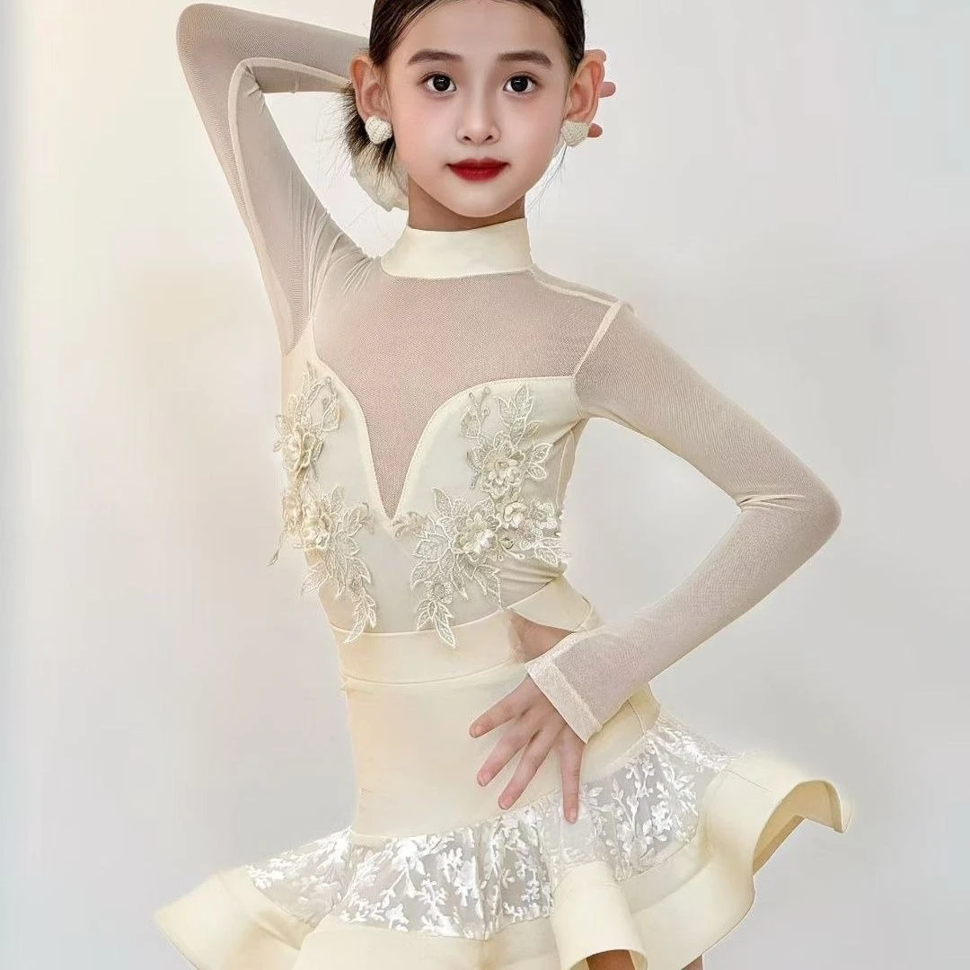 Schwarzes Latein-Tanzkleid für Mädchen, hochgeschlossener Kragen, lange Ärmel, Tanzbekleidung für Kinder, Cha-Cha, Standardtanz, Swing-Tanz, Trainingskostüm. – Detail 6