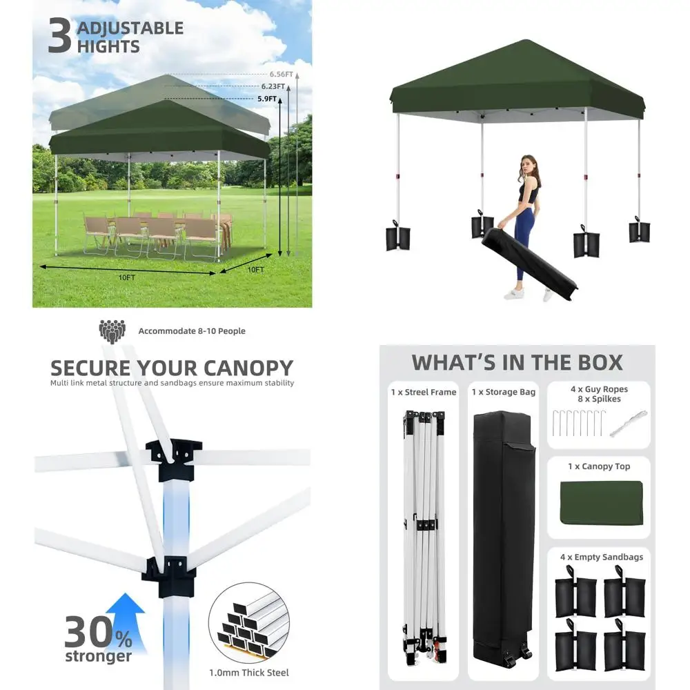 

Quick Setup 10x10 Heavy-Duty Outdoor Canopy Tent with Roller Bag, 3 Height Options, 4 Weight Bags, 8 Stakes, 4 Guy Ropes, Green