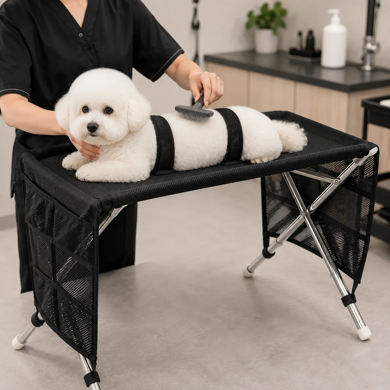 Image of Verbesserter Tierpflegeständer, faltbarer Hunde- und Katzenpflegeständer, verstellbarer Fesselnetz-Nageltrimmhalter für kleine und mittelgroße Haustiere