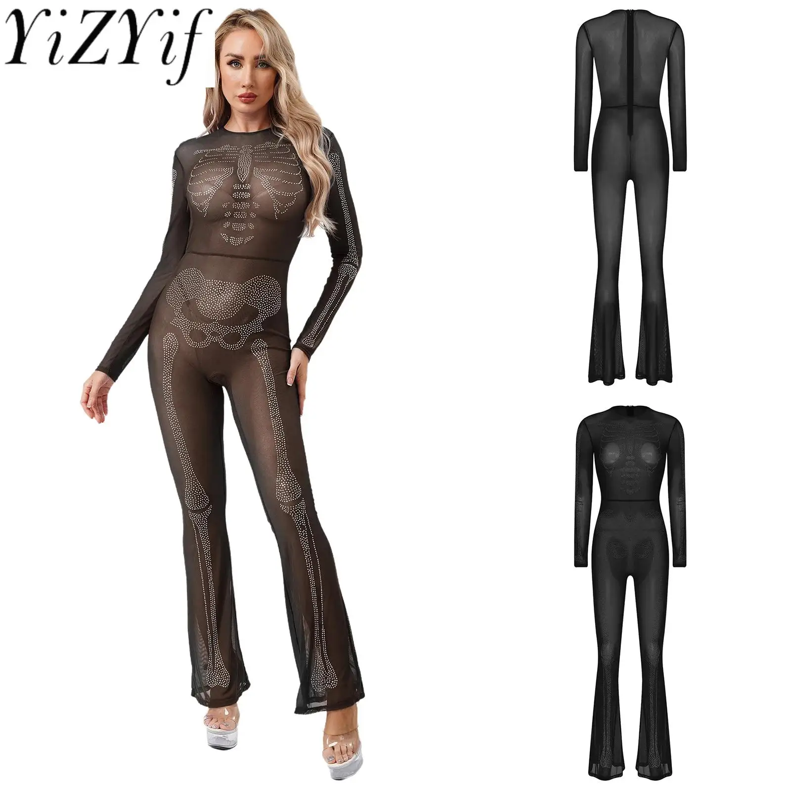 

Women Spicy Sheer Mesh See-Through Jumpsuits Stylish Skeleton Printed Long Sleeve Bodysuit for Bikini Cover Up Erotic Nightwear