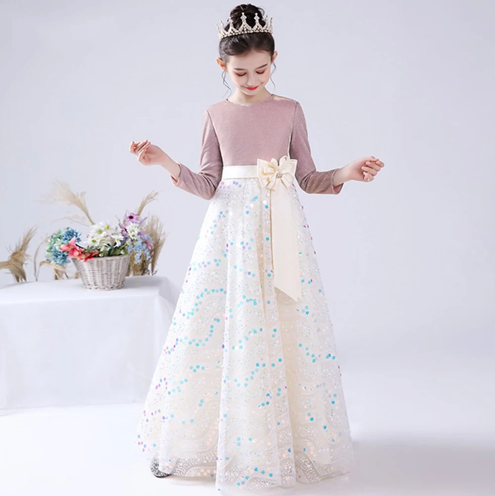 

Sparkly Long Sleeve Flower Girls Dress 2022 Sequined Birthday Party Pageant Gowns Bow Kids Junior Bridesmaids Dress