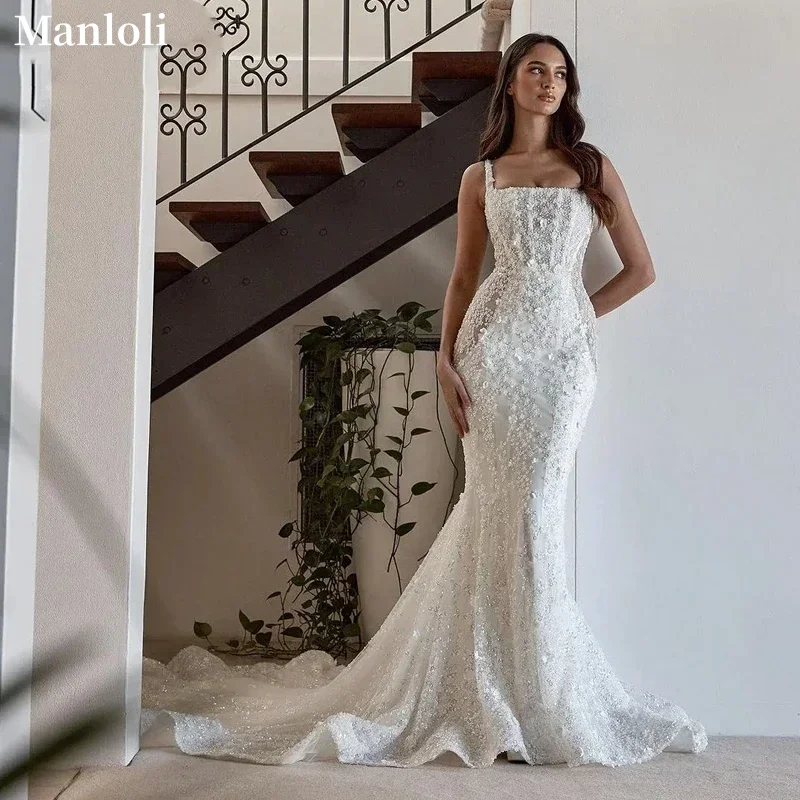 

Элегантное кружевное свадебное платье русалки по индивидуальному заказу, свадебное платье с квадратным воротником и 3D наклейкой, платье невесты с открытой спиной