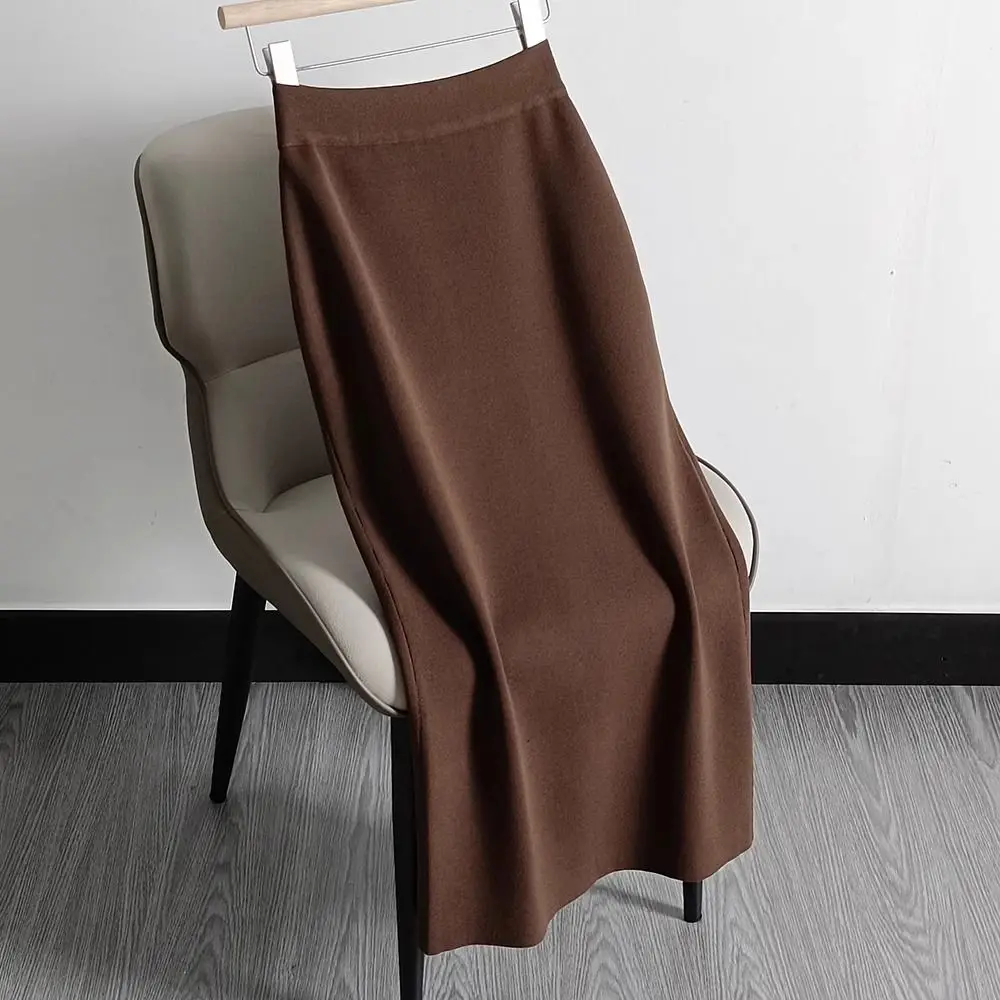 Autumn and Winter Large Size Knitted Skirt Women\'s One Step Skirt High Waist Slimming Long Skirt Split Wool Straight Dress LJ201