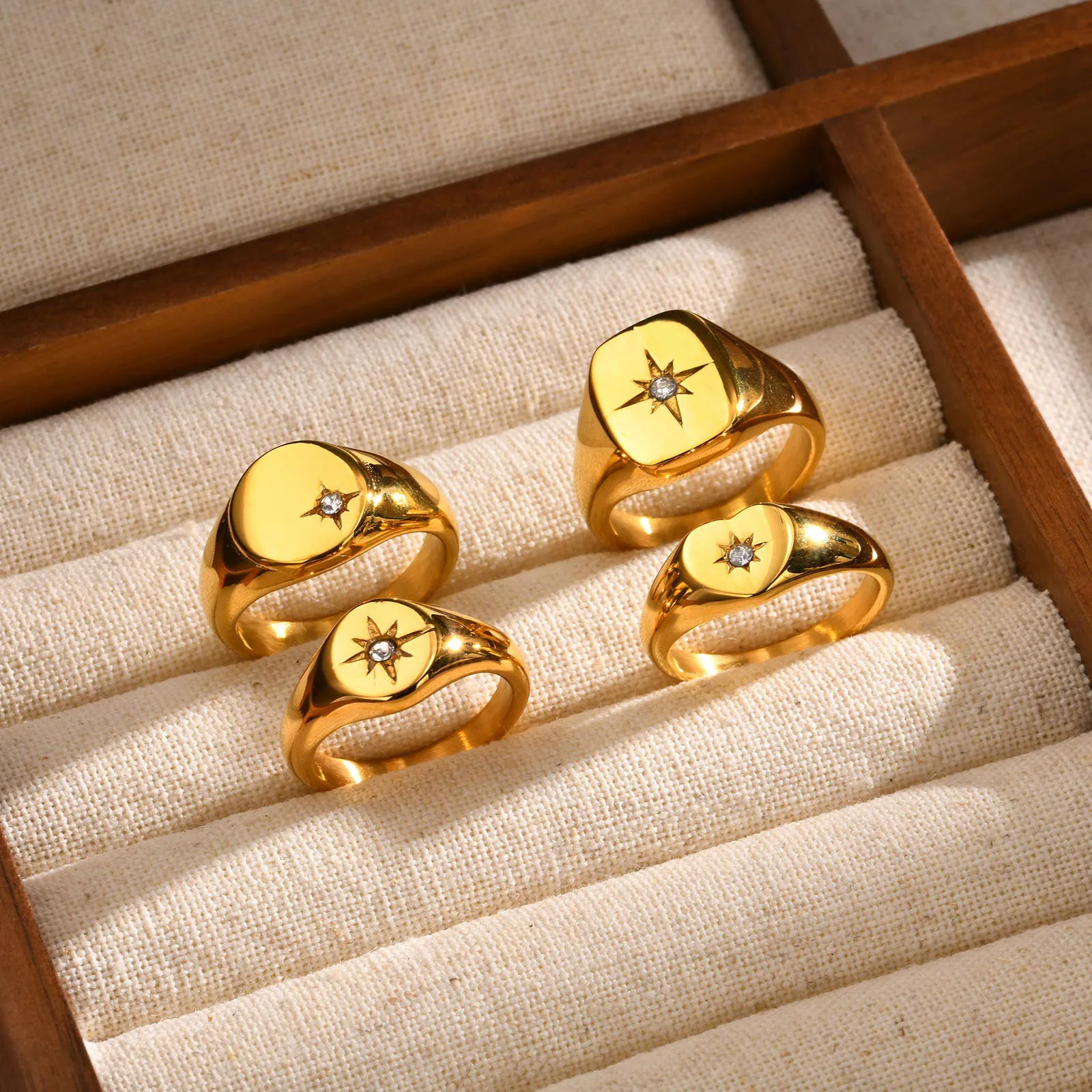 Stainless Steel Sunshine Signet Pinky Ring, Cubic Zirconia Inlay Ring Gold Plated, Non-Tarnish Fashion Jewelry