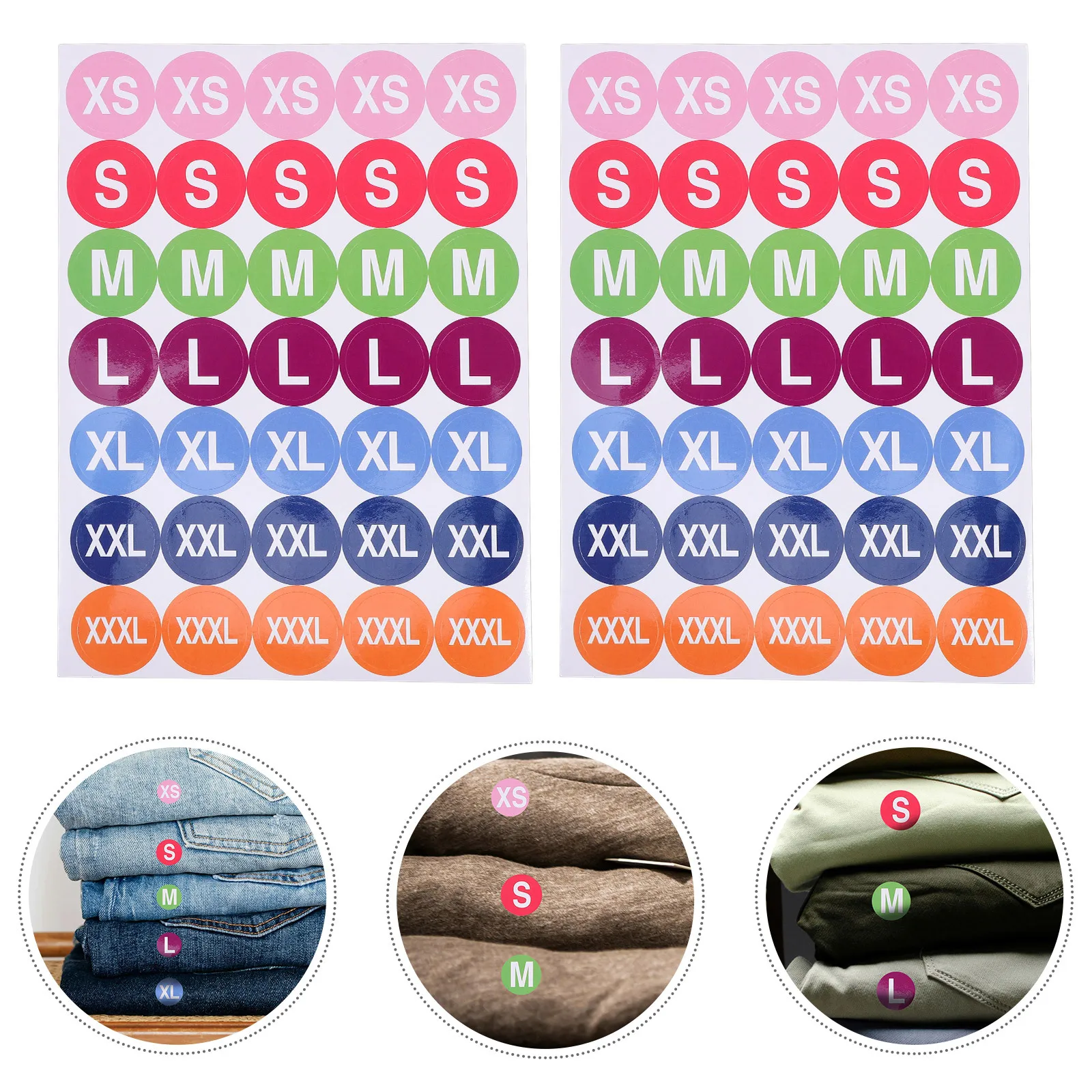 

350Pcs Clothing Size Round Stickers Color Coded Adhesive Clothing Size Labels for T Shirts Sweaters Coats Retail Display