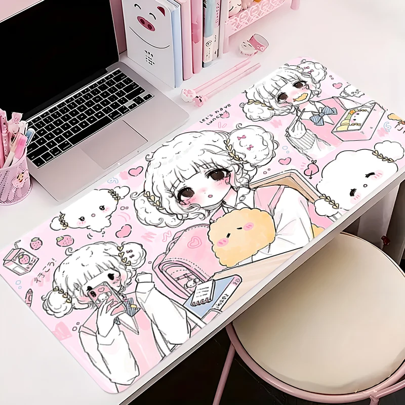 

Резиновый коврик для мыши Kawaii, нескользящий настольный коврик, розовый, с иллюстрацией девушки, милый, большой, для геймеров, с принтом, для игровой клавиатуры