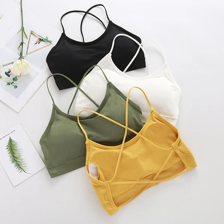 Women New French Style Sports Back Bra Cross Shoulder Strap Bra Gathered for Breathability with Detachable Chest Cushion Sling