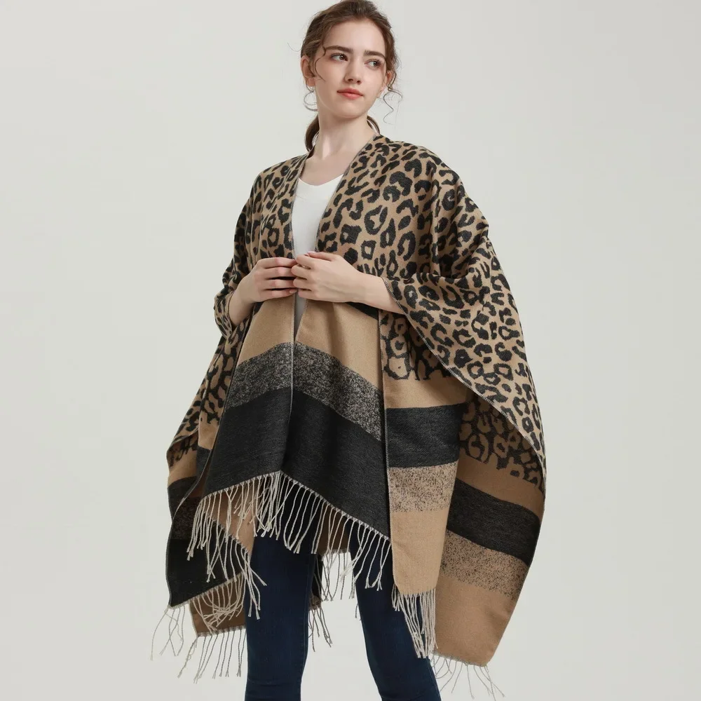 Women's Leopard Pattern Large Shawl New Brand Imitation Cashmere Split Cloak Lady Poncho Autumn and Winter Capes