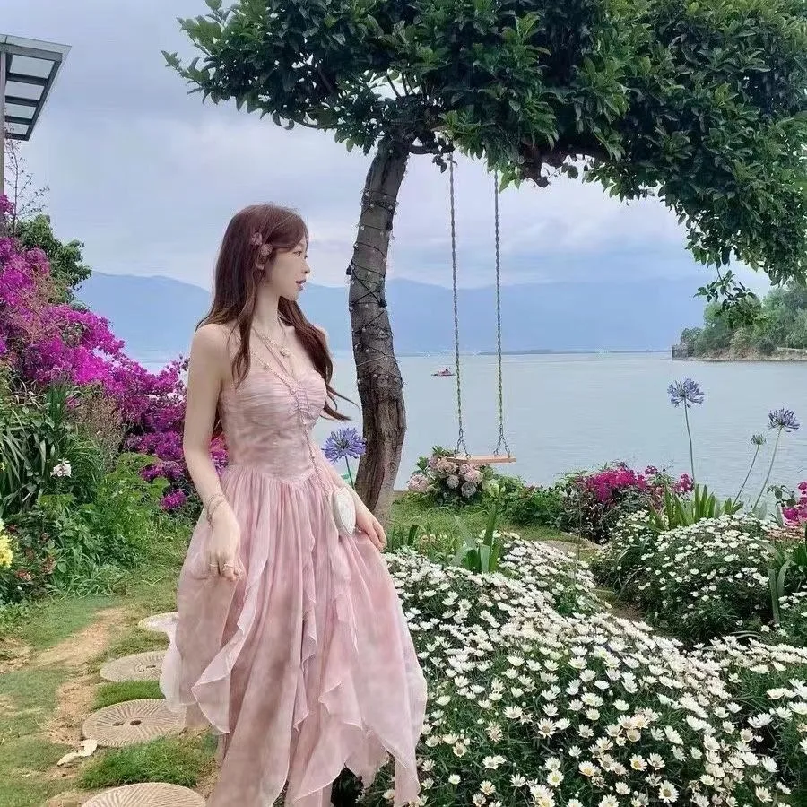 

【New style】Pink French temperament flower dress, women's new summer irregular chiffon a-shaped sling skirt