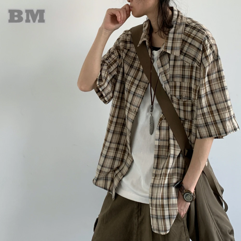 

Японская винтажная рубашка унисекс, 100% хлопок, легкие потертые цветные блоки, клетчатые топы в студенческом стиле, повседневные летние топы с короткими рукавами