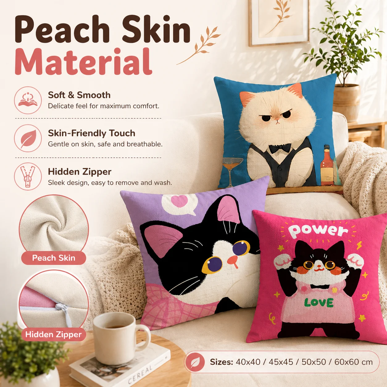 Funny Kitty Animal Pillow Covers 2D Flat Printed Soft Peach Skin Square Cushion Case for Couch Car Bed Home Room Decoration