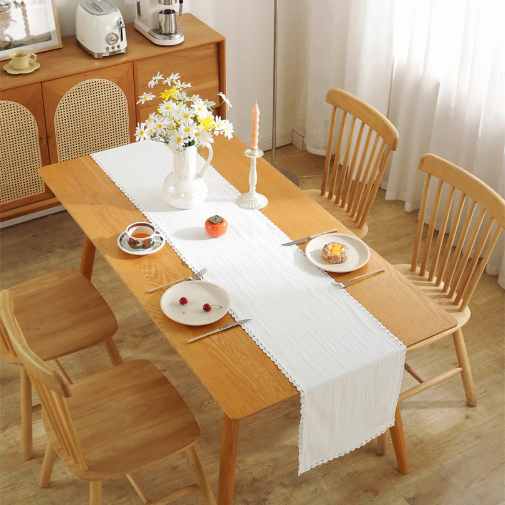 

Rustic Cotton Table Runner Beige Lace Edging Dining Room Table Runner Farmhouse Style Beige Table Runner Wedding Party