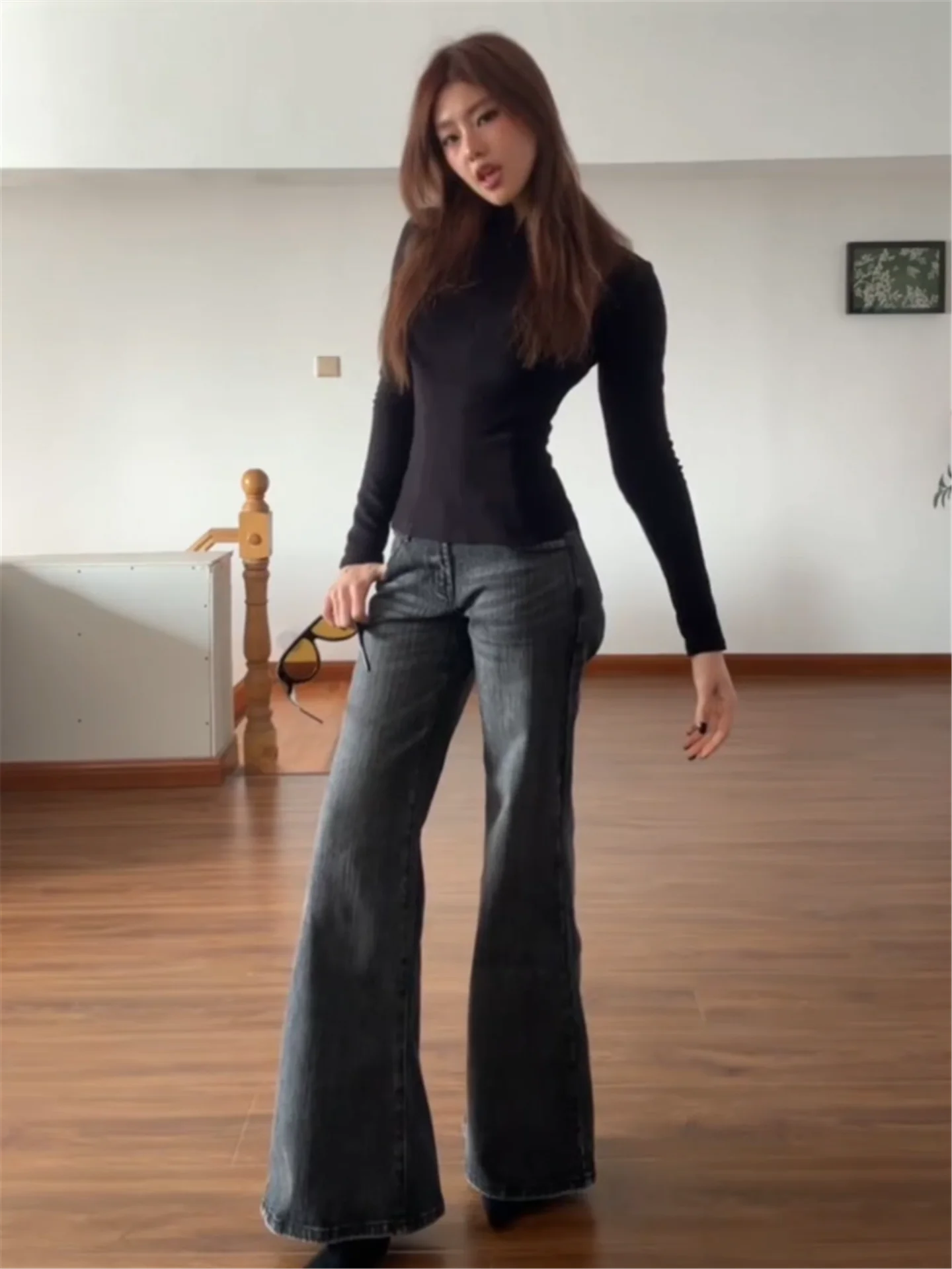 

Американские винтажные джинсы с бамбуковыми узлами, с низкой талией, расклешенные, женские, весенние, свободные, утягивающие, нестандартные леггинсы-брюки